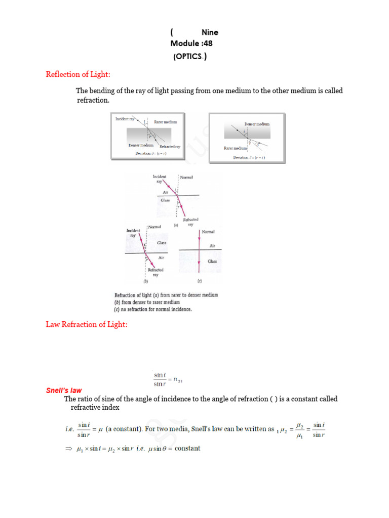 Physic Classs Xii Module 48 | PDF | Refraction | Refractive Index