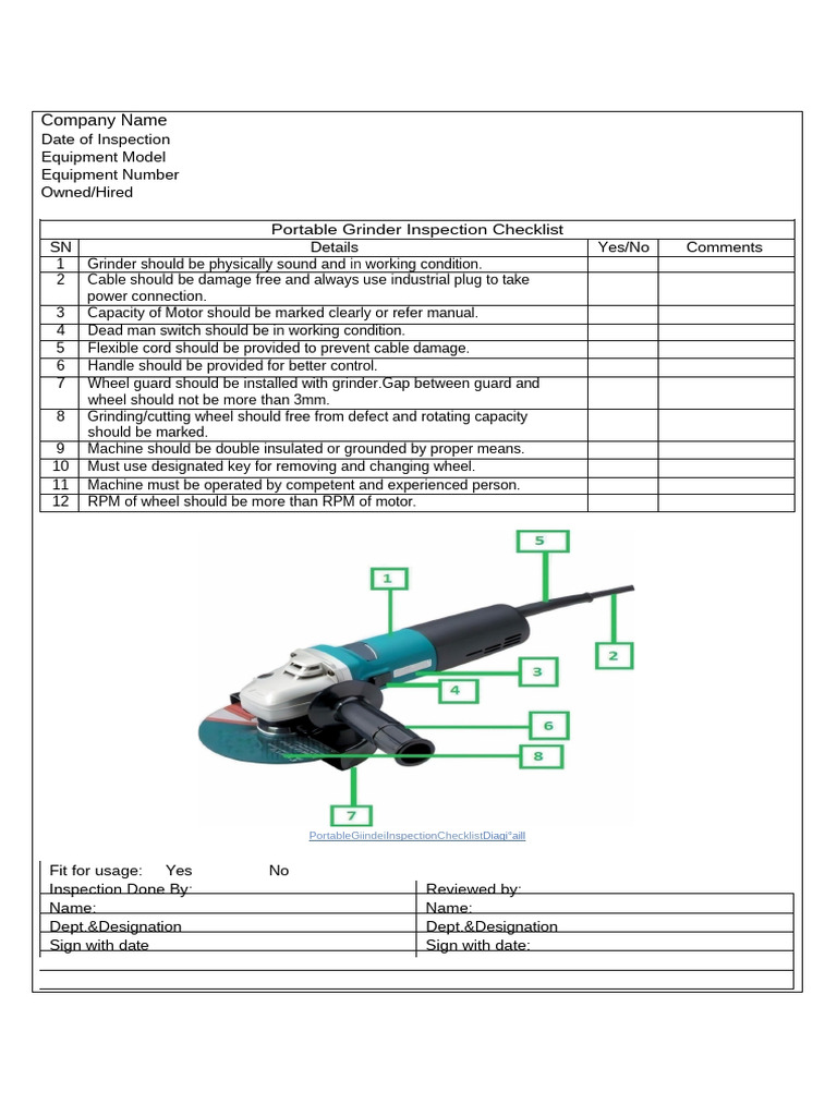 Portable Grinder Inspection Checklist | PDF