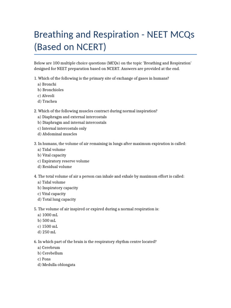 NEET MCQs on Breathing and Respiration | PDF | Respiratory System ...