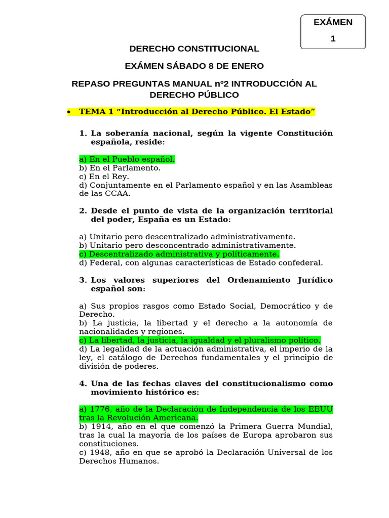 Examen de Derecho Constitucional 2023 | PDF | Gobierno de españa ...