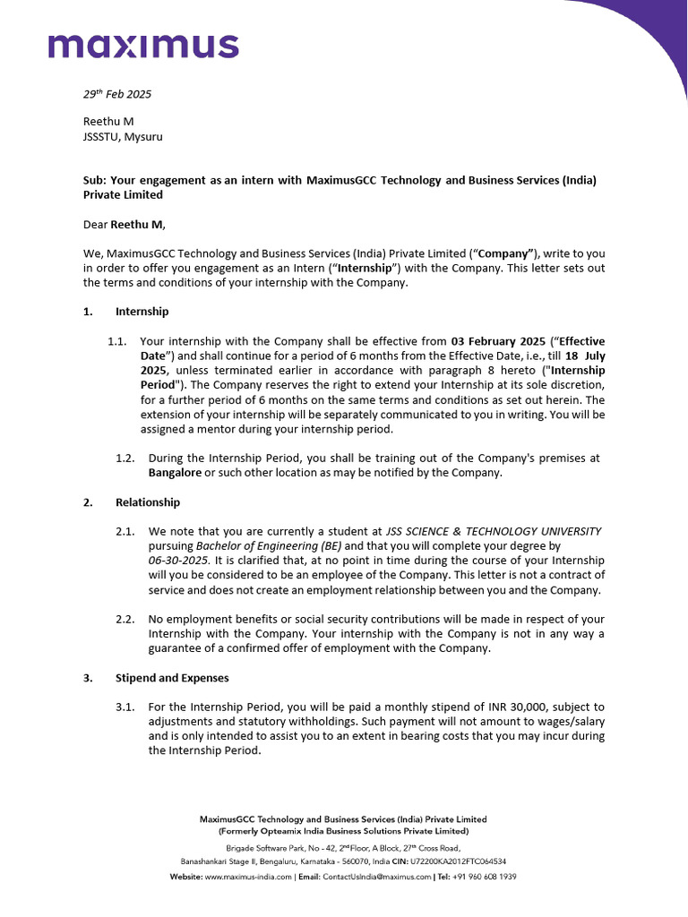 Internship Offer Letter from MaximusGCC | PDF | Patent | Intellectual ...