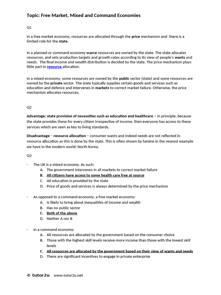 04b) Free Market, Mixed and Command Systems - Answers | PDF | Free ...