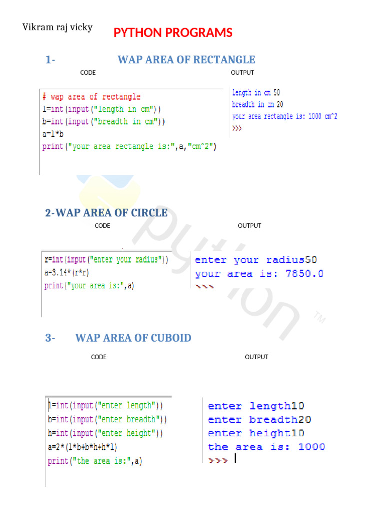 Python Programs for Area and Volume Calculations | PDF | Area ...