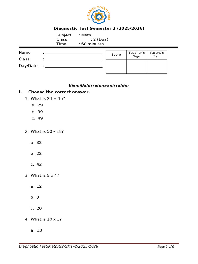 Math Diagnostic Test G2 Semester 2 | PDF