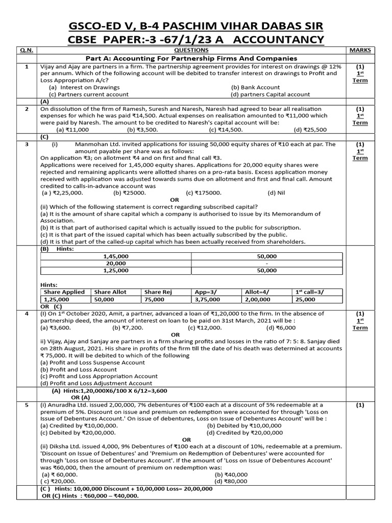 CBSE Accountancy Exam Questions | PDF | Balance Sheet | Goodwill ...