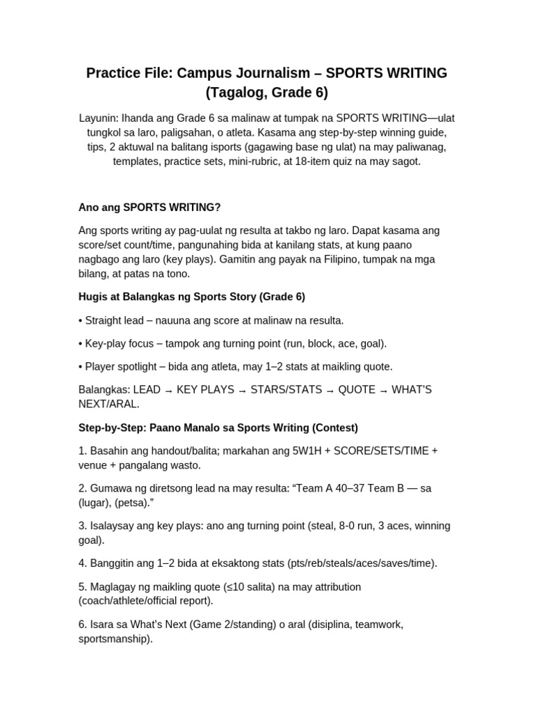 Practice Campus Journalism SportsWriting Grade6 Tagalog With Quiz | PDF