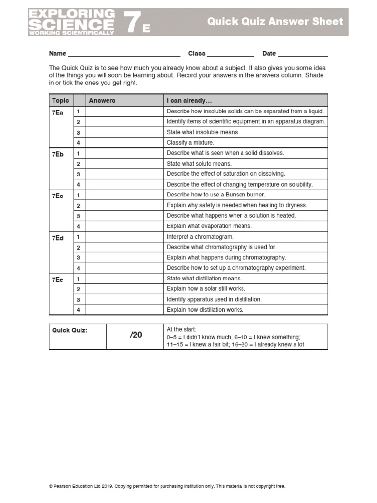 Quick Quiz Answer Sheet for Science Topics | PDF | Solubility ...