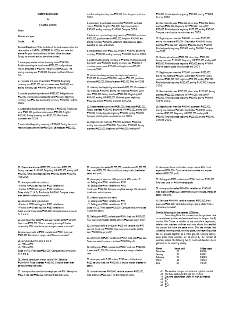 Financial Markets Midterm Exam Guide | PDF | Cost Of Goods Sold | Inventory