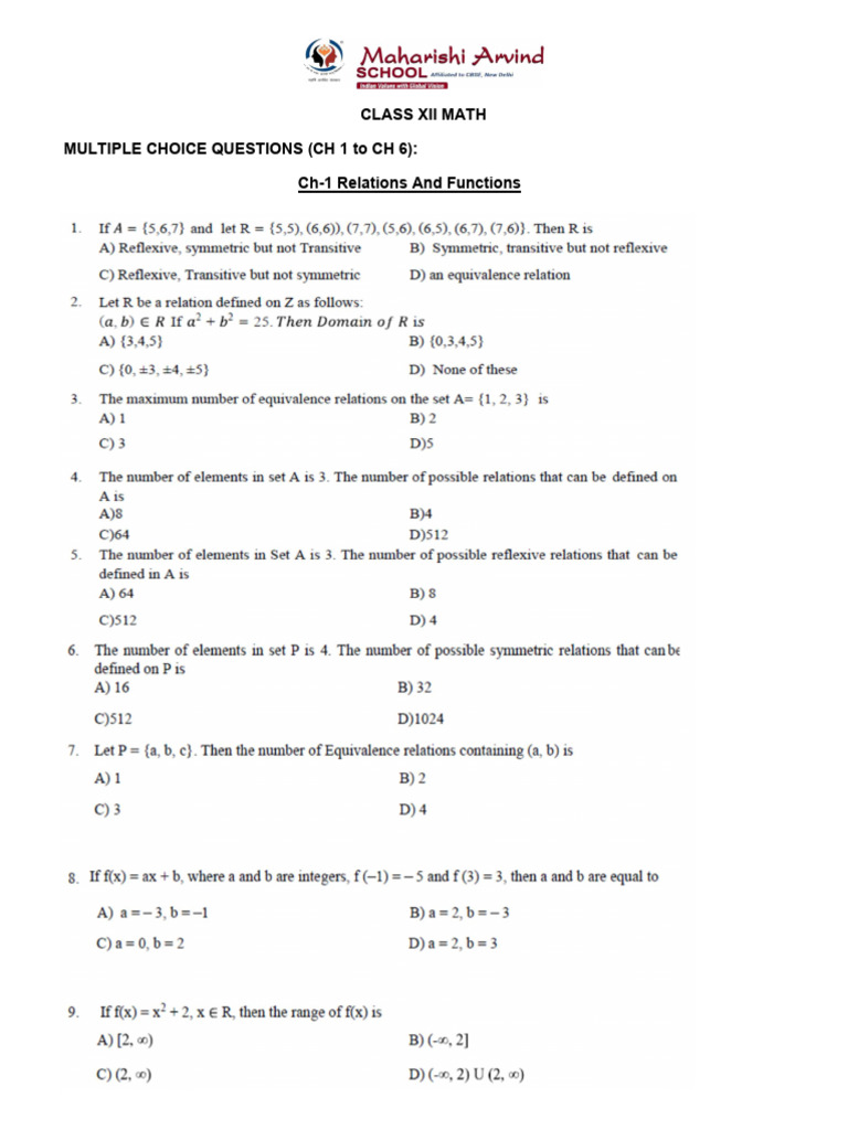 Class XII Math MCQs: Chapters 1-6 | PDF | Function (Mathematics ...