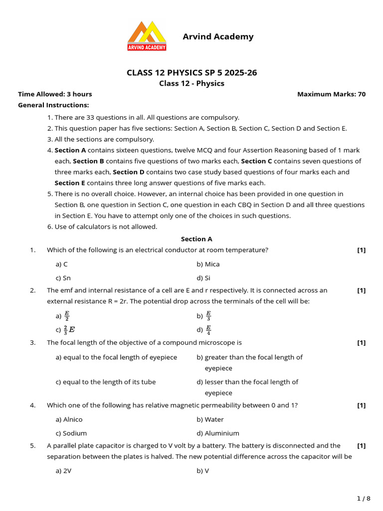Class 12 Physics SP5 Exam Paper 2025-26 | PDF | Electromagnetic ...