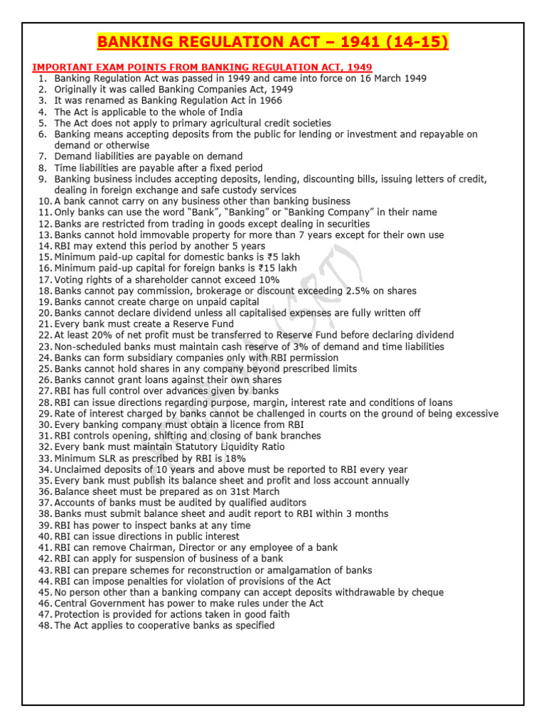 Key Points of Banking Regulation Act | PDF | Banks | Reserve Bank Of India