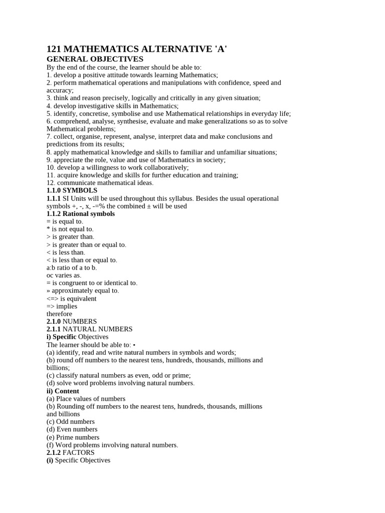 Mathematics Alternative 'A' Course Objectives | PDF