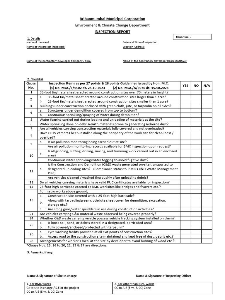 BMC Construction Site Inspection Checklist | PDF | Natural Environment ...