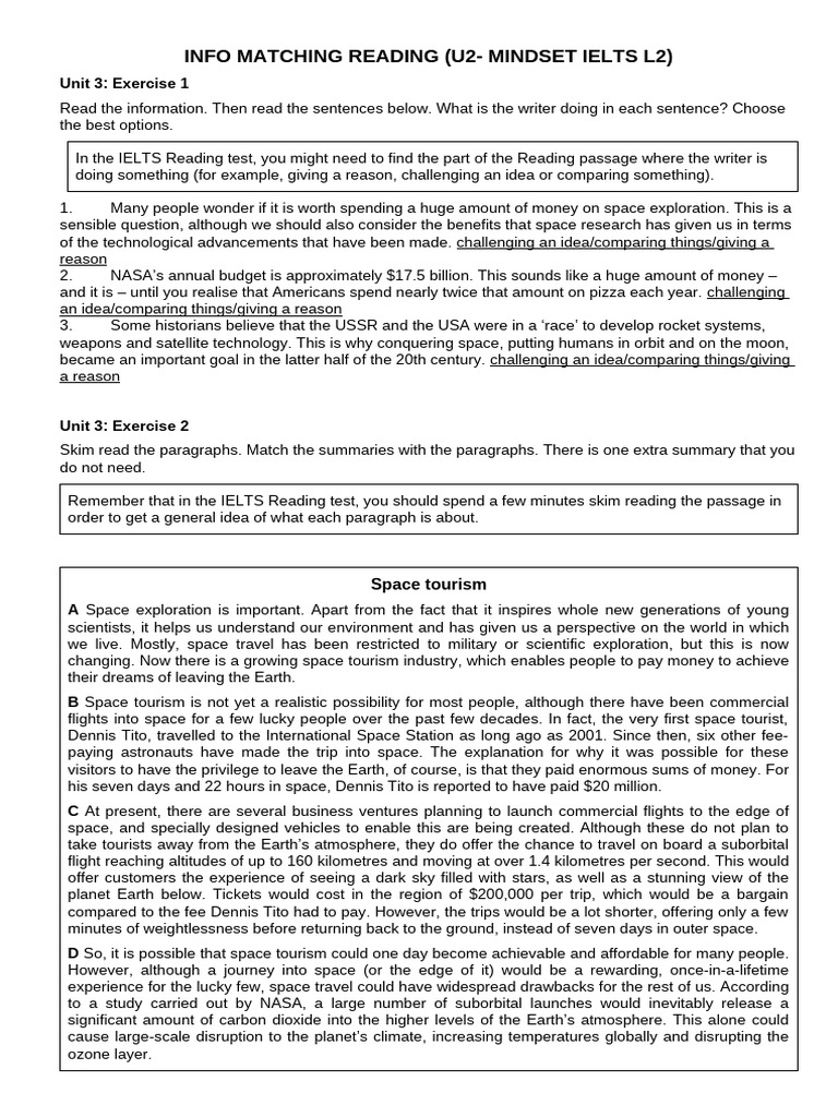 INFO MATCHING READING (U3- MINDSET IELTS L2) EXTRA - Copy | PDF | Dream ...