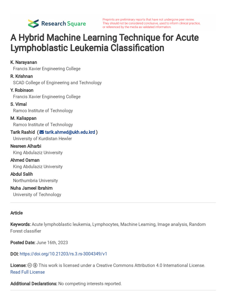 Hybrid ML for Acute Lymphoblastic Leukemia | PDF | Leukemia | White ...