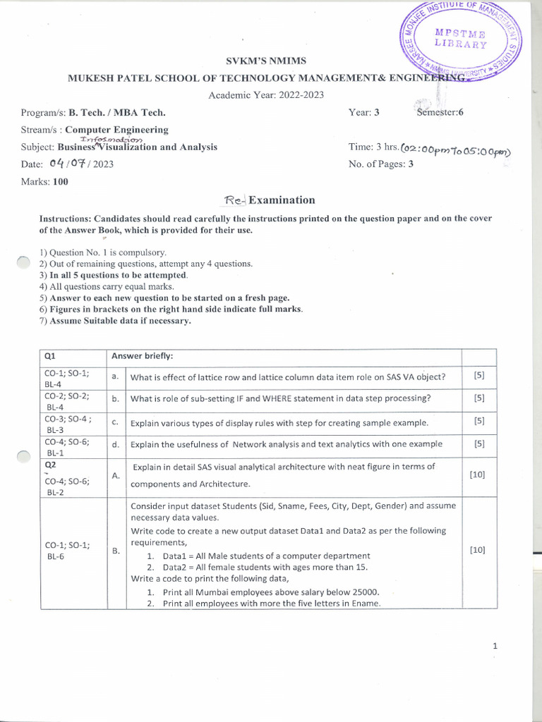 Business Visualization and Analysis Sem-VI Year 2022-23 Re Exam ...