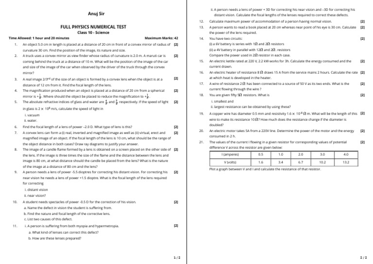 Class 10 Physics Numerical Test Guide | PDF | Electromagnetic Radiation ...