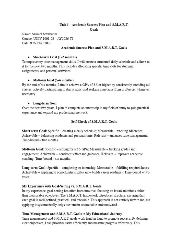 Academic Success Plan & S.M.A.R.T. Goals | PDF | Goal Setting | Goal