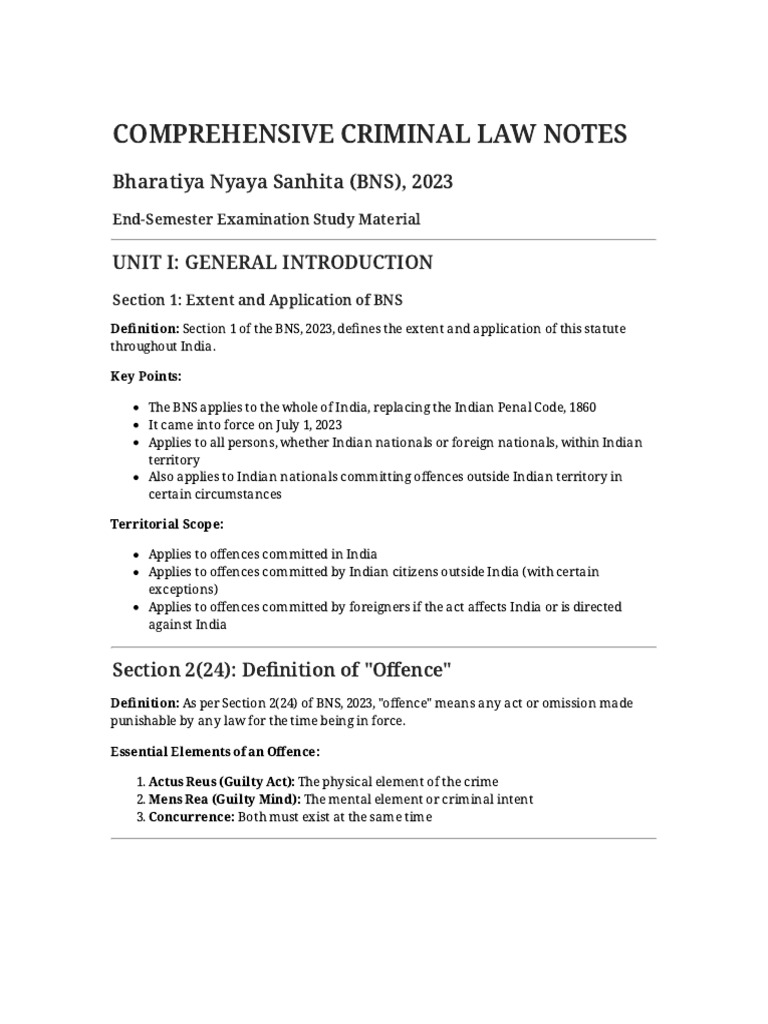 BNS Criminal Law Notes | PDF | Mens Rea | Crimes