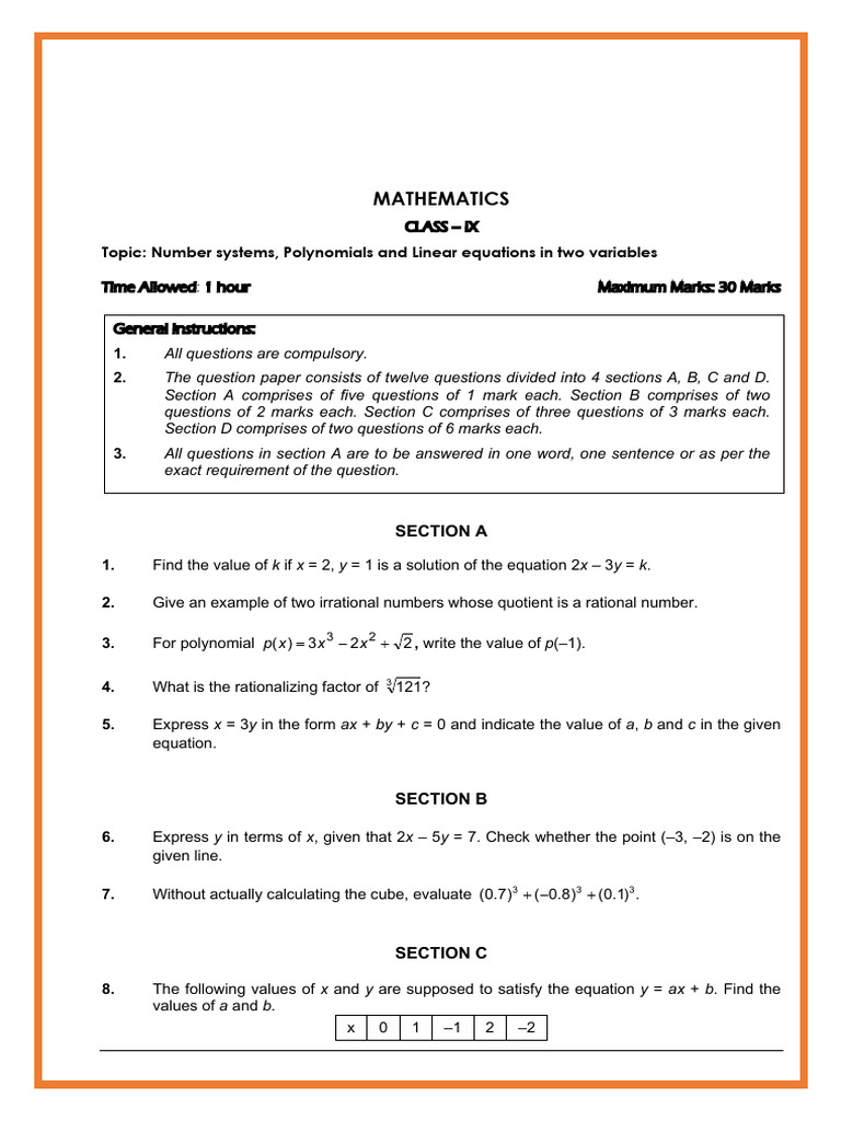 Ix Cbse Maths Sample Paper 3 | PDF | Polynomial | Equations