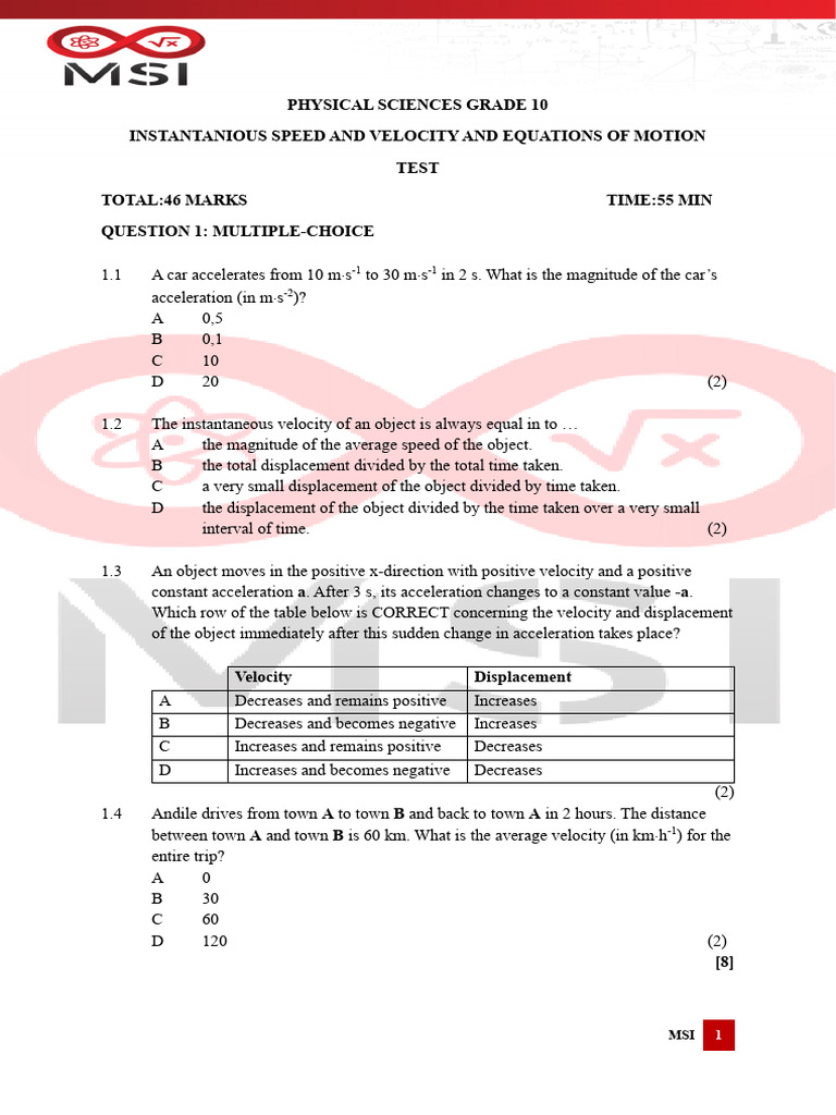 Grade 10 Physics: Speed, Velocity, Motion Test | PDF | Velocity ...
