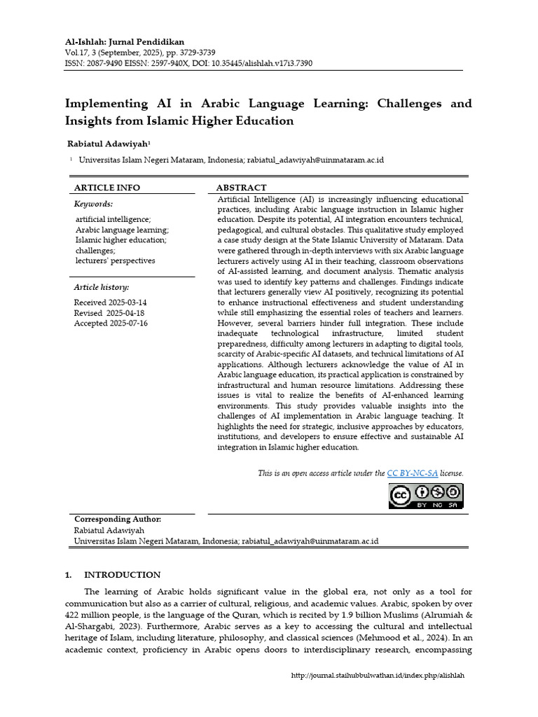 Implementing AI in Arabic Language Learning Challenges and Insights ...