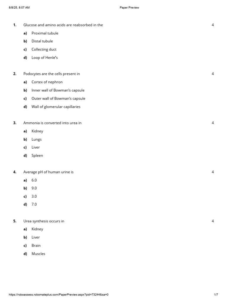 Human Kidney Function and Structure Quiz | PDF | Kidney | Organ (Anatomy)