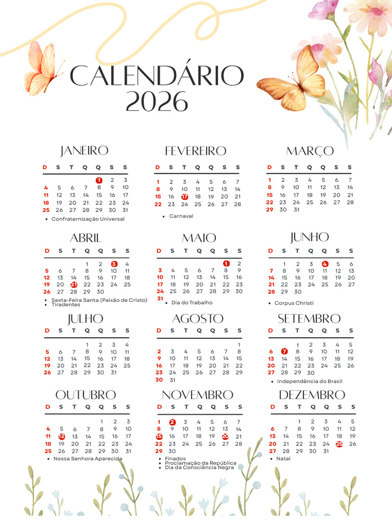 Calendário 2026 com Feriados Brasil | PDF
