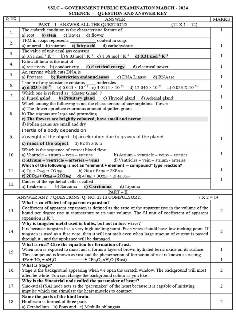 SSLC Science Exam Q&A Key 2024 | PDF | Atoms