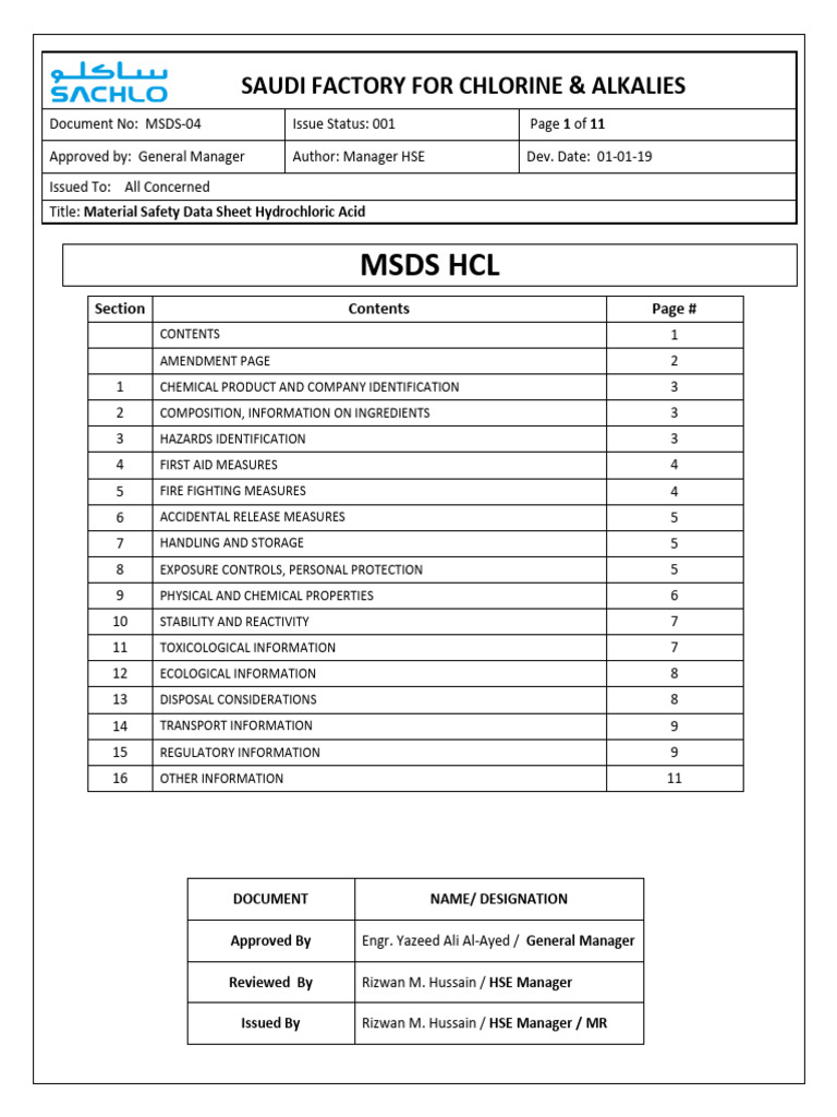 MSDS HCl | PDF | Hydrochloric Acid | Water