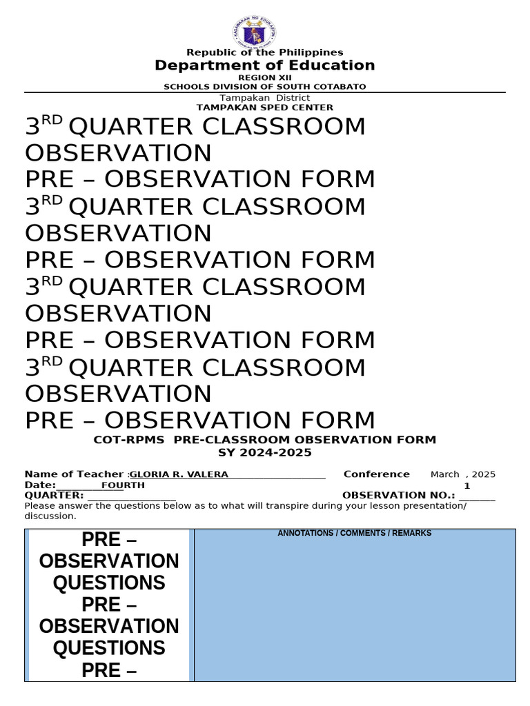 Classroom Observation Pre-Form SY 2024-2025 | PDF | Learning | Teachers