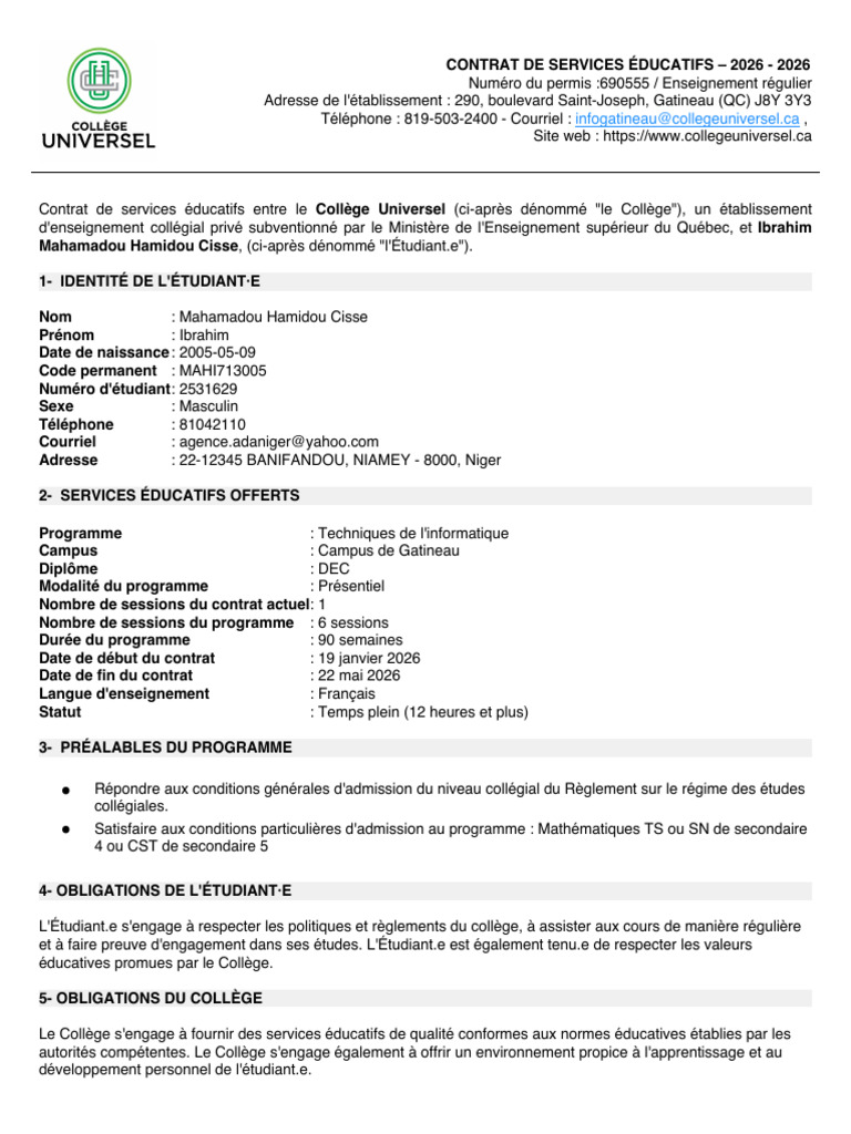 Contrat de services éducatifs 2026 | PDF | Cautionnement | Informatique