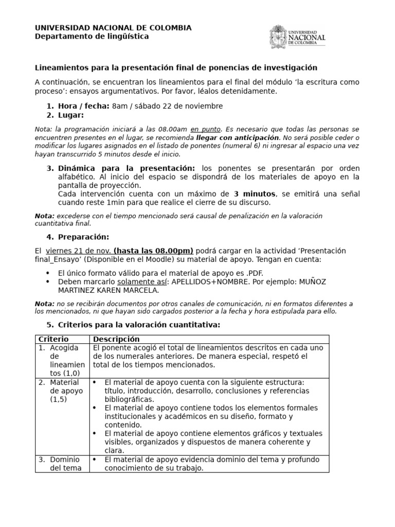 Lineamientos para La Presentación Final | PDF