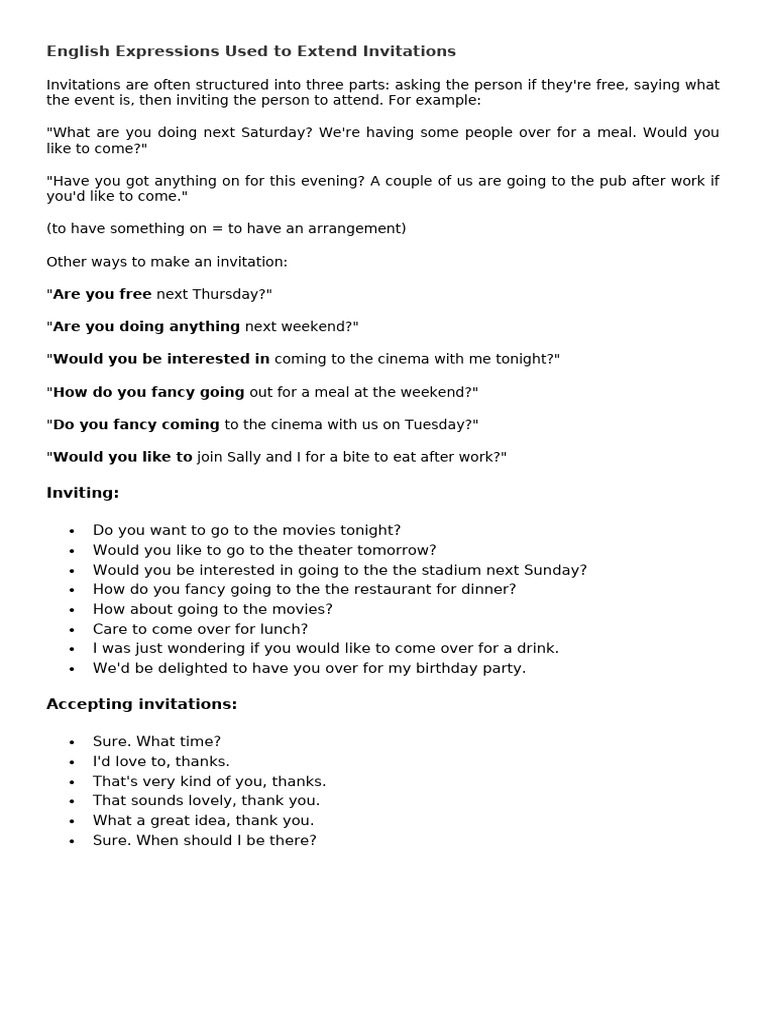 Common English Invitation Phrases | PDF | Meal | Movie Theater
