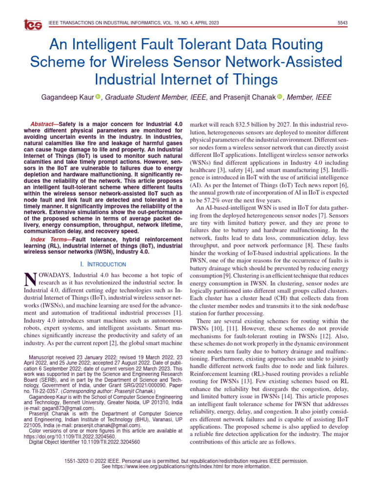 Intelligent Fault Tolerance in IIoT Networks | PDF | Wireless Sensor ...