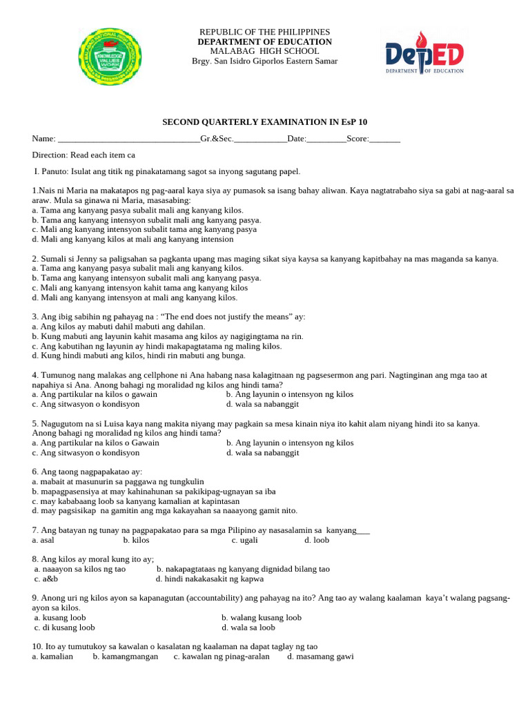 EsP 10 Second Quarter Exam | PDF