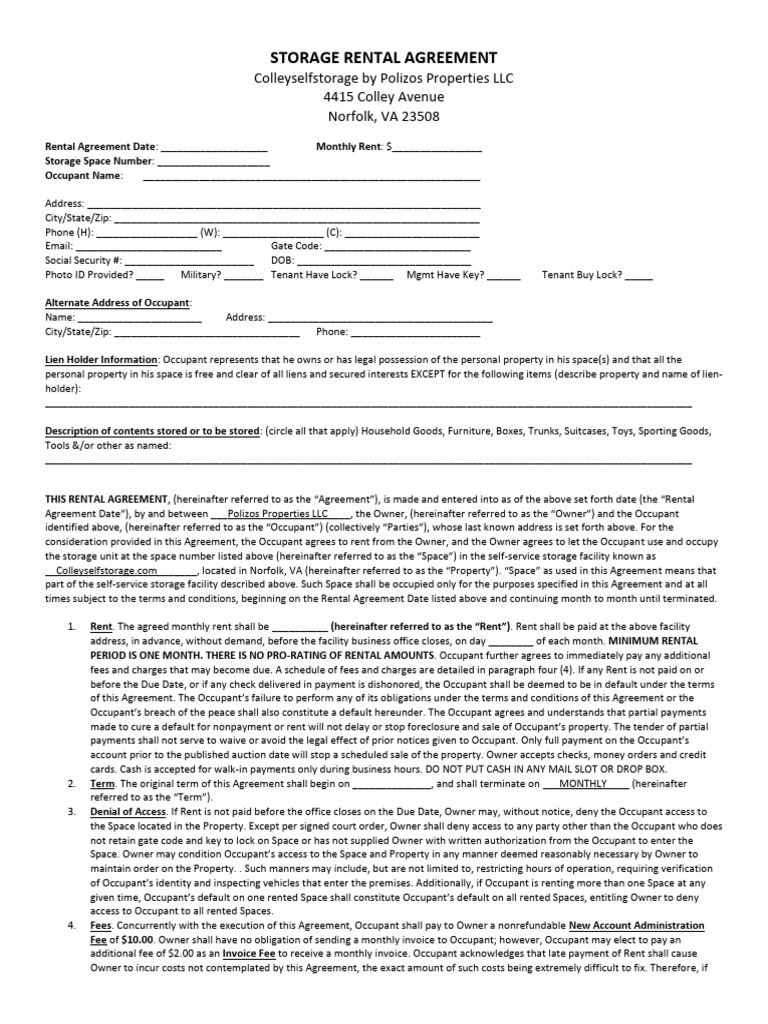 Colley Self Storage Rental Agreement | PDF | Insurance | Lease