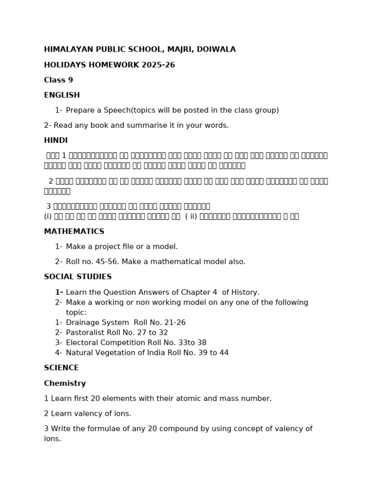 Class 9 Holiday Homework 2025-26 | PDF