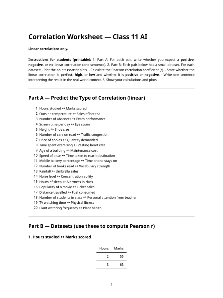 Class 11 AI Correlation Worksheet | PDF