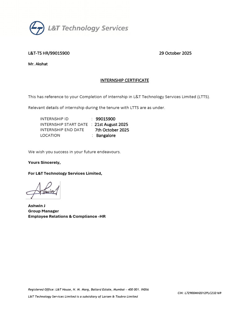 L&T Technology Services Internship Certificate | PDF