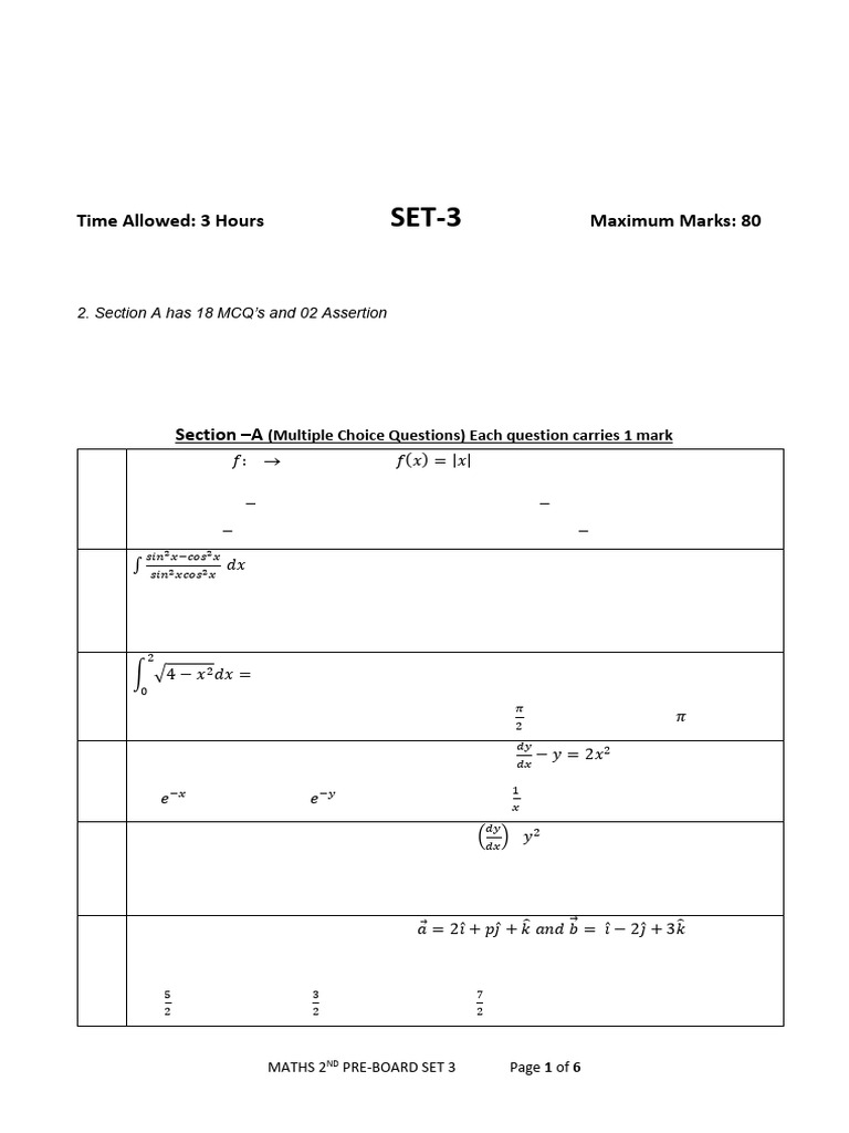 Class XII Maths 2nd Pre-Board Exam Set 3 | PDF | Matrix (Mathematics ...
