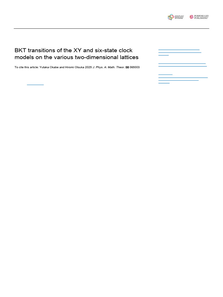 BKT Transitions in XY and Clock Models | PDF | Phase Transition ...