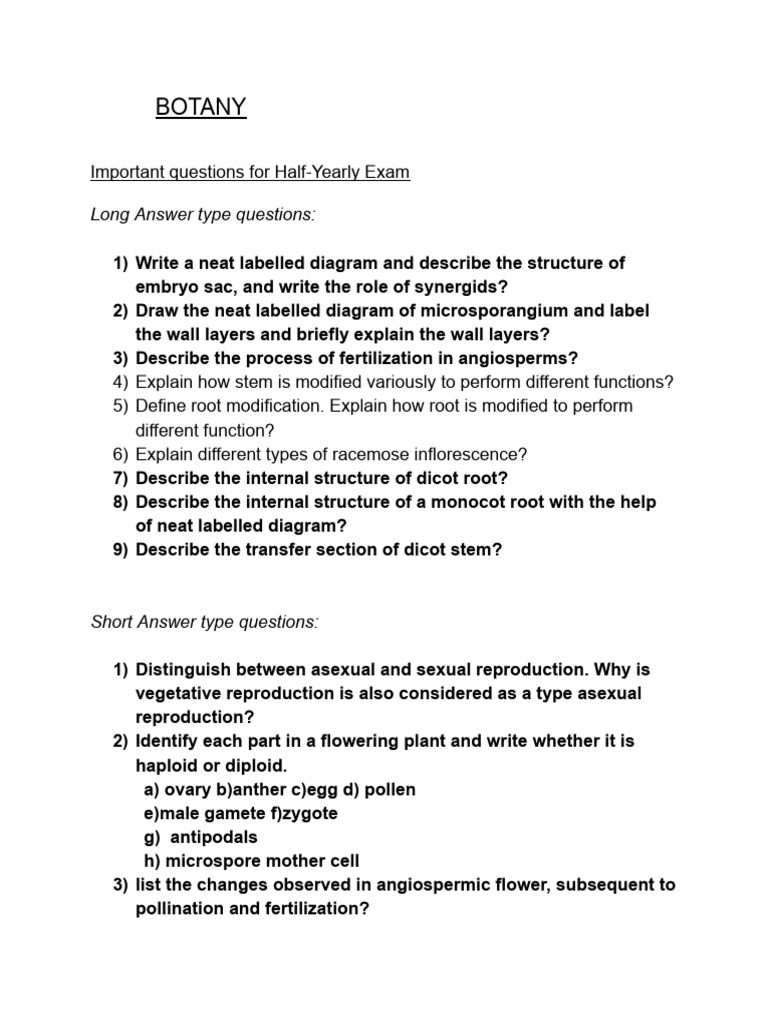 Botany Questions for Half-Yearly Exam | PDF | Sexual Reproduction | Biology