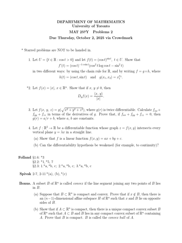 MAT 257Y Problem Set Overview | PDF