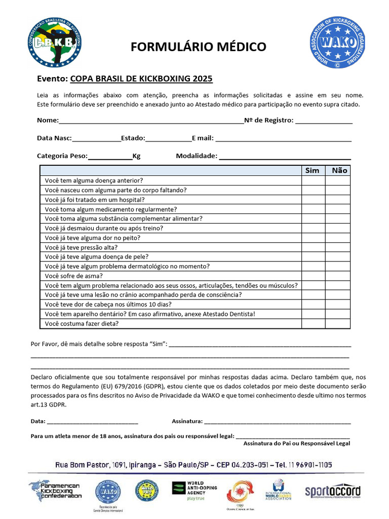 Formulário Médico para Kickboxing 2025 | PDF