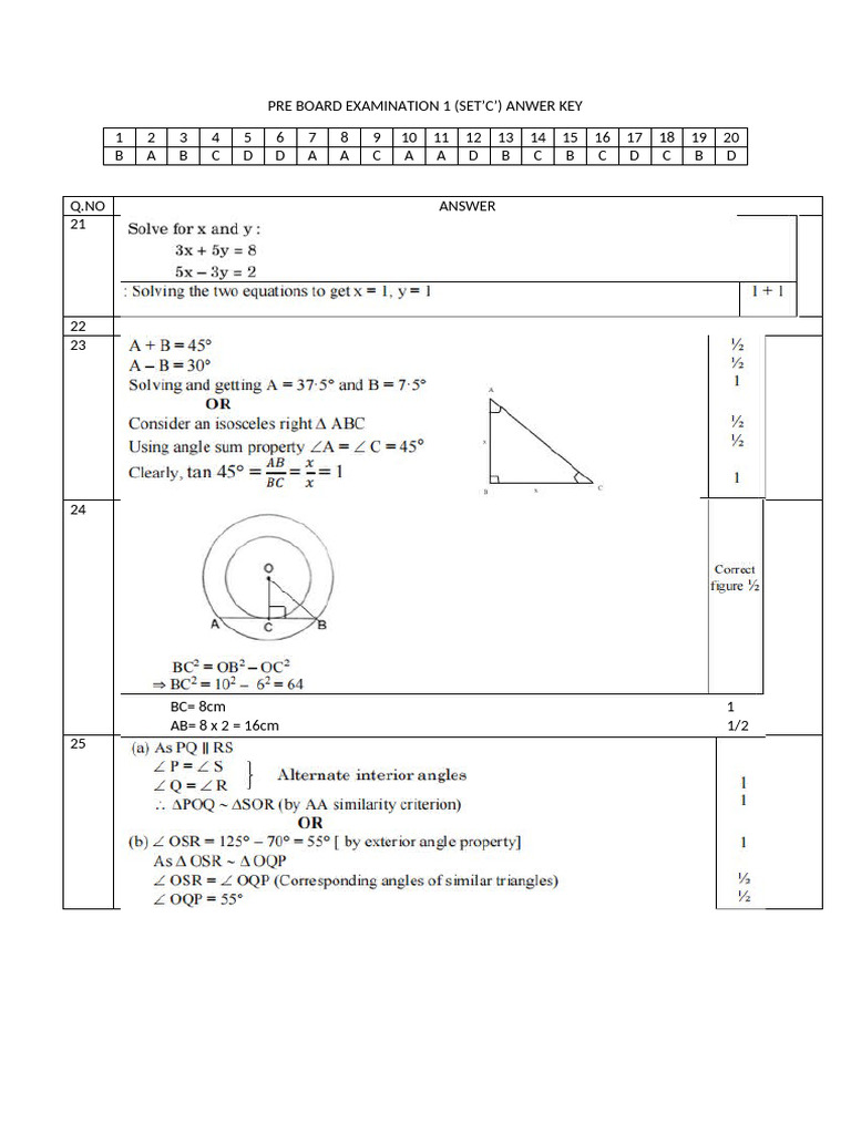 Pre Board Exam 1 Answer Key | PDF | Mathematics | Mathematical Objects