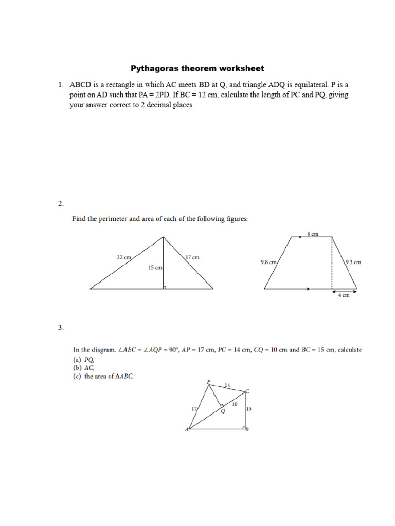 Pythagorean Theorem Worksheet Exercises | PDF