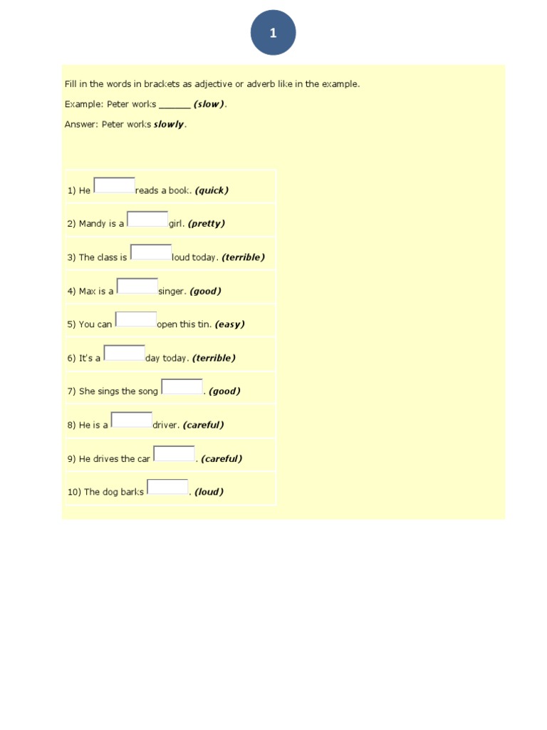 Fill in The Words in Brackets As Adjective or Adverb Like in The Example PDF Sentence