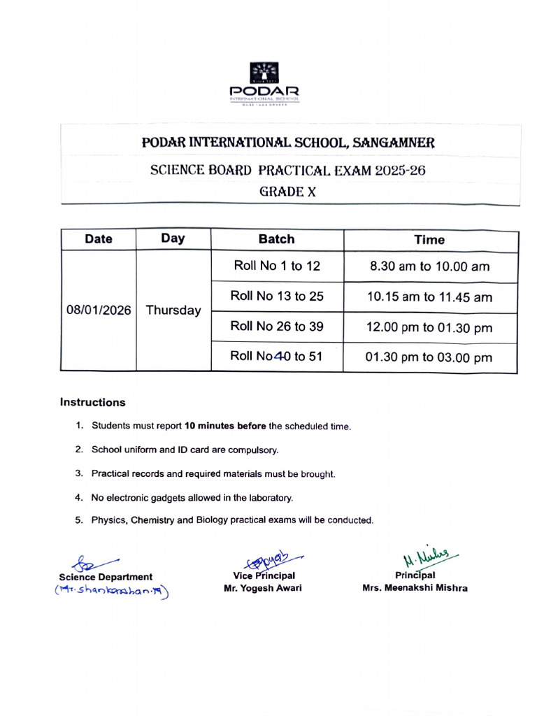 Podar School Science Practical Exam 2026 | PDF