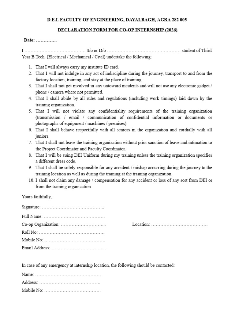Co-op Internship Declaration Form 2026 | PDF